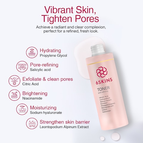 6SKINS&reg; Pore Refining Toner - Salicylic Acid (BHA) with AHA, Niacinamide &amp; Hyaluronic acid   Facial Exfoliant for Enlarged Pores, Wrinkles &amp; Oil Control   Hydrating Face Toner For Glowing Skin 150 ml