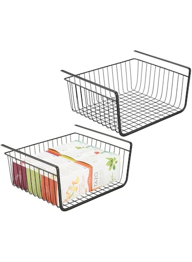 mDesign Household Metal Under Shelf Hanging Storage Bin Basket with Open Front for Organizing Kitchen Cabinets, Cupboards, Pantries, Shelves - Large Pack of 2 Black 01760MDKEU