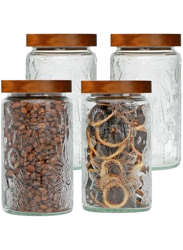 DOOKOO Glass Storage Jar,700ML Set of 4 Jar with Lid,Airtight Glass Storage Jar with Wooden Lid, Glass Food Storage Containers for Kitchen Counter, Pantry, Coffee, Tea, Sugar, Cookie, Candy