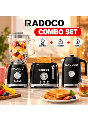 Radoco 3-in-1 Kitchen Appliance Combo Set &ndash; Blender, 2-Slice Toaster &amp; Electric Kettle, Black