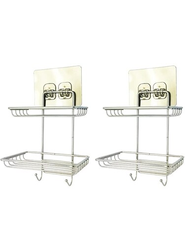 PACEKONER 2 Pack Adhesive Soap Holder, Stainless Steel Soap Dish, Self Adhesive Soap Rack for Bathroom, Shower, Kitchen (2 Tier with Hook)