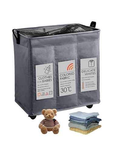 STAYOUNG Large Capacity Laundry Hamper - Children's Hamper, Three Compartments With Wheels, For Bathroom, Laundry Room, Clothes, Toys Or Snacks (Dark Grey)