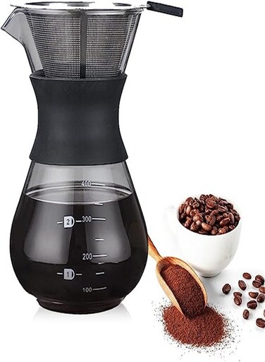 Pour Over Coffee Maker with Double-layer Stainless Steel Filter, 400ml/14oz Hand Manual Coffee Dripper Brewer &amp; Glass Coffee Pot (400ML / 14oz)