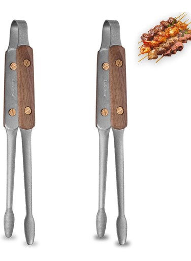 2-Pack 9.5" Stainless Steel Kitchen Tongs with Wooden Handle, Cooking Tweezers for Grilling, BBQ, Salad, Plating &amp; Serving