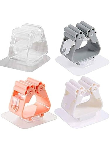 Mop Holder Pack of Non Punch Adhesive Wall Mounted Broom Holder Seamless Hook Anti-Slip Multi Color Kitchen and Home Organizer (4)