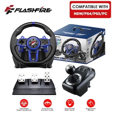 Flashfire Suzuka F111 Racing Wheel Set with Clutch Pedals & H-Shifter for PC/Console Driving Sims, Realistic Manual Gear Control, Steering Feedback, Plug & Play Setup for Racing Games