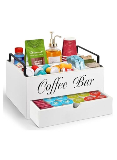 Farmhouse Wooden Coffee Bar Organizer - Countertop Station With Drawer, Pods Holder &amp; Storage Basket&iuml;&frac14;&circ;White&iuml;&frac14;&permil;