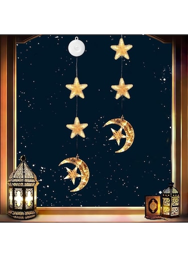 Aowin 2 Pieces Ramadan Decorations Moon Star Window Lights Set,Eid Mubarak Light Decorations with Suction Cup,Window Silhouette Moon LED String Lights,Hanging Ramadan Lights for Home Party Decor