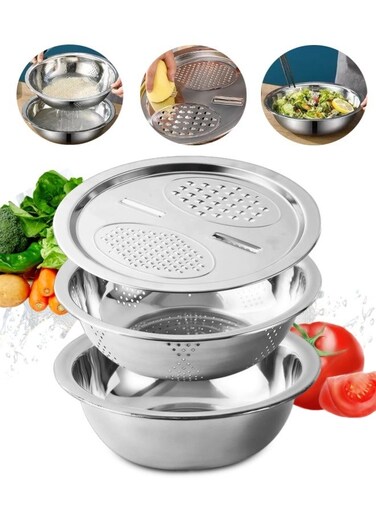 3-in-1 Vegetable Cutting Multifunctional Stainless Steel Basin with Grater, Kitchen Vegetable Cutter, Slicer, Strainer, Drain Basket (9 inch)