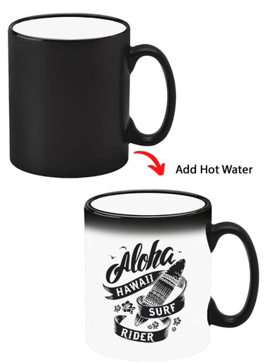 Color Changing Heat Sensitive Ceramic Mug, Image Revealed When HOT Liquid is Added! Aloha hawaii Surf rider Black