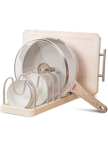 Azonee Pots and Pans Organizer, Pot Lid Oganzier for Kitchen Counter with 8 Adjustable Divider, Food Grade PP Pot and Pan Rack Holder for Cabinet Pot, Bakeware, Cutting Boards, Lid, Dishes