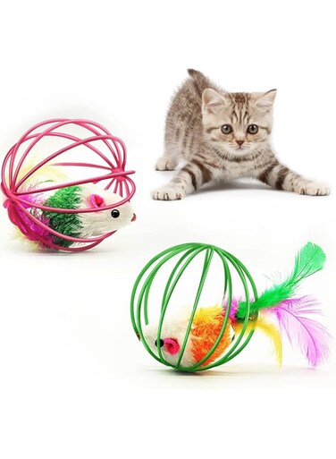 Ubitree Cat Toy Caged Rats, 2 PCS Interactive Hide Plush Mouse Ball Toys, Creative Faux Mouse Rat in Cage Ball Funny Cat Toy, Random Color