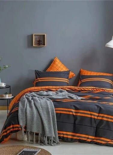 Home King Size 6-Piece Striped Duvet Cover Set without filling in Grey and Orange.