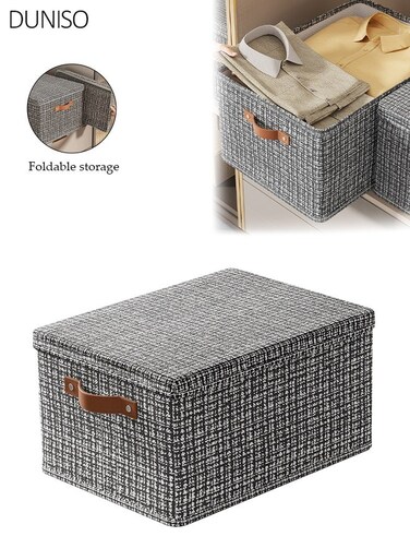 Black Foldable Storage Boxes with Lids, Versatile Non-Woven Fabric Storage Cubes with 2 Brown Handles, 36x25x20cm for Clothes &amp; Toy Organizatio