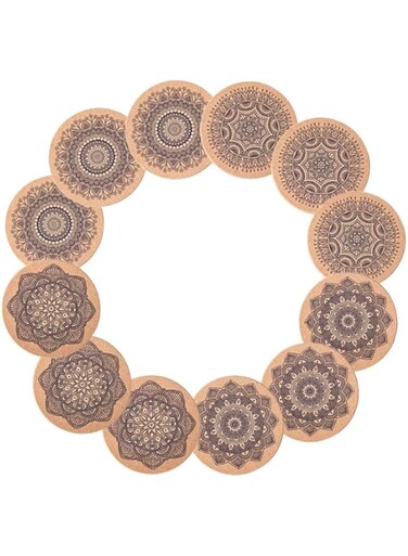 Drink Coasters, Coasters for Cups, Set of 12 with Unique Mandala Patterns Bar Coasters, Cork Coasters, Reusable Cup Mats, for Coffee, Bar, Kitchen, home, office, Metal Holder, 10cm Diameter, 5mm Thick