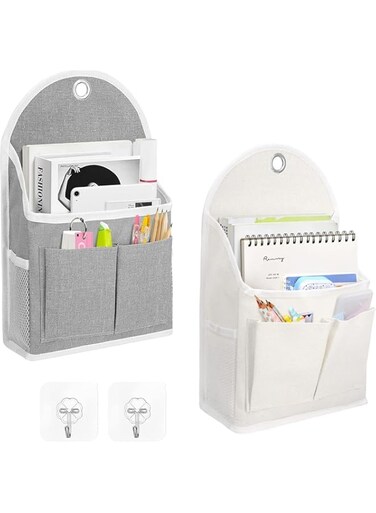 Azonee Waterproof Wall Hanging Organizer Bag, 2 Pcs Gray &amp; White Fabric Storage Basket with Pockets for Bathroom, Bedroom, Kitchen &amp; RV Essentials