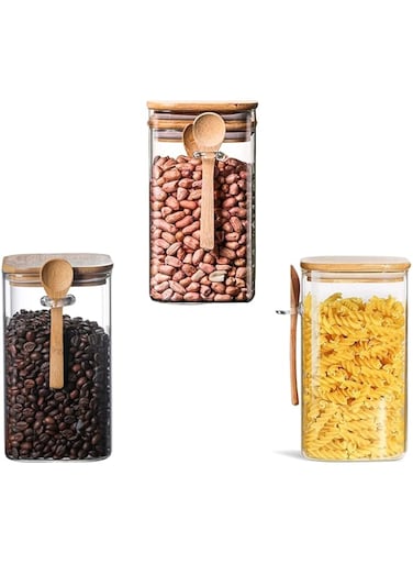 Jorunb Glass Storage Jar Food Storage Containers with Wood Lids and Spoon, Airtight Sealed Clear Borosilicate Glass Canister Kitchen Canisters for Food Tea, Sugar, Coffee (1000ml * 3 Pack)