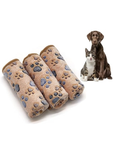 Puppy Dog Blankets, Super Soft Warm Sleep Mat Paw Print Blanket Fluffy Premium Fleece Pet Blanket Flannel Throw Dog Washable Blankets for Dogs Puppy Cat, Brown Paw Print Small, 3 Pack (23"x 16")