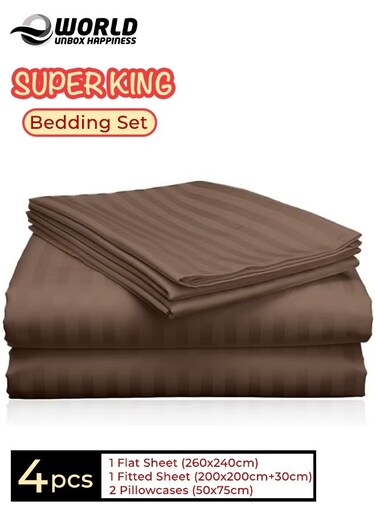 4-Piece Luxury Super King Brown Striped Bedding Set (Flat Sheet 260&Atilde;&mdash;240 cm, Fitted Sheet 200&Atilde;&mdash;200+30 cm, 2 Pillowcases 50&Atilde;&mdash;75 cm) &acirc;&euro;&ldquo; Premium Microfiber, Hotel-Style Comfort