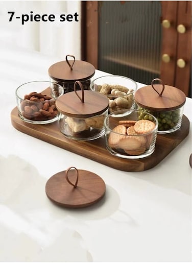 7-Piece Glass Food Storage Container Set - Airtight Wood Lids - Food Storage Box - Storage Boxes - Kitchen Cabinet Organizers - Glass Food Container - Clear