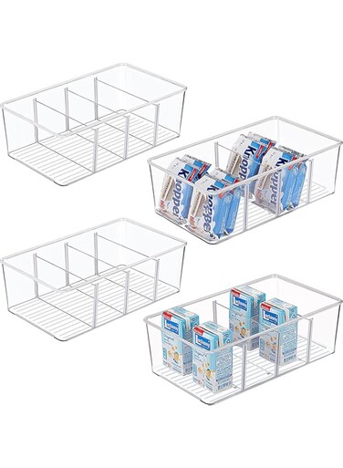 MIXDE 4 PACK Food Storage Organizer Bin Box Container - 4 Compartment Holder for Packets, Pouches, Ideal for Kitchen, Pantry, Fridge, Countertop Organization