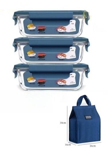3 Piece Microwave Heating High Borosilicate Glass Lunch Box Glass Bowls 1000ml, 960ml, 700ml with Insulation Bag
