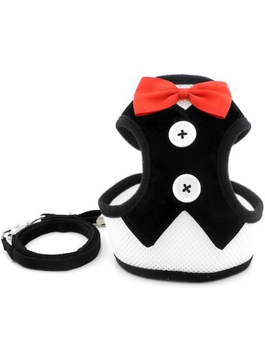 Dog Harness and Lead Sets, Soft Mesh Bowtie Gentleman Suit Tuxedo Dog Harness Vest Padded for Small Pet Cat Puppy Leash with Handle Black