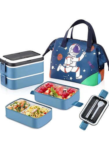 Lunch Box for Kids School, 4 in 1 Lunch Box Set with Insulated lunch Bag and Utensil Set,Leak-proof 2 Layer Large Capacity Lunch Box for Kids&amp;Adults(Blue)