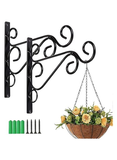 2 Pack Wall Hanging Basket Bracket, Iron Hanging Plants Bracket Decorative Wall Planter Hanger Hooks with Screws for, Lanterns, Wind Chimes (Black)