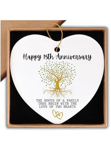 Piuzmnsiy 15th Anniversary Marriage Gifts for Couple Happy 15th Anniversary Ornament Keepsake Sign Heart Plaque Anniversary Romantic Couple Wedding Engagement Gifts for Her Him Wife Husband, WCO24-10