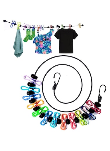 1 Pack Portable Clothesline with 12 Clothespins, Windproof Travel Clothesline Stretchy Retractable Elastic Laundry Clothes Line for Backyard, Vacation Hotel, Balcony Clothes Drying Line (Color)
