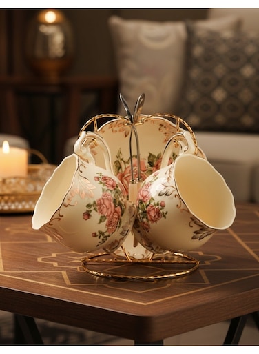 Rose Pattern Ceramic Tea Set (2 Cups+2 Saucers+2 Spoons+1 Holder) - For Ramadan Home &amp; Guest Use