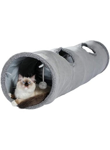 OHANA Suede Cat Tunnel Toy, Large Foldable Cat Tunnel with 2 Holes and Hanging Ball for Cats Kittens Rabbits Diameter 30 x 130 cm