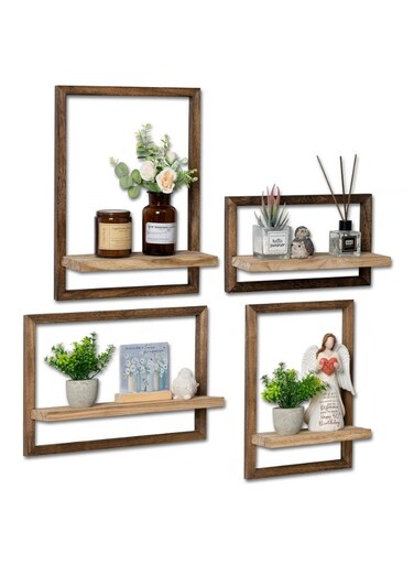 Floating Shelves for Wall, Rustic Square Hanging Floating Shelves Set of 4 Wood, Wall Decor Mounted Bathroom, Living Room, Kitchen Storage