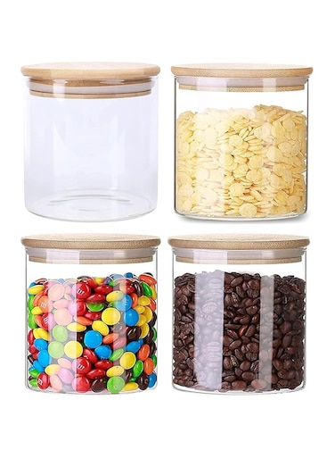 Quesera&reg; 4 pc Set / 400 ML - 14 oz BOROCILICATE GLASS Spice Jars with Bamboo Airtight Lids and Labels, Food Cereal Storage Containers for Home Kitchen Tea Herbs Pasta Coffee Flour Herbs Grains