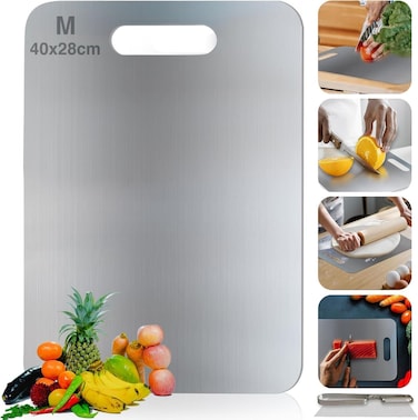 GLOBAL MAX-EMA Stainless Steel Chopping Board 40x28cm For Kitchen Sus 304 Heavy-duty Cutting Board For Fruit, Vegetables, Meat Dishwasher Safe, Non-slip, Titanium Finish - Medium