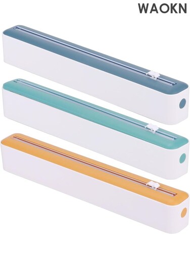 3Pcs Plastic Wrap Dispenser with Slide Cutter, Practical Food Wrap Dispenser, Reusable Cling Wrap Dispenser, Refillable Cling Film Dispenser, Veggies Refillable Plastic Wrap Dispenser for Home