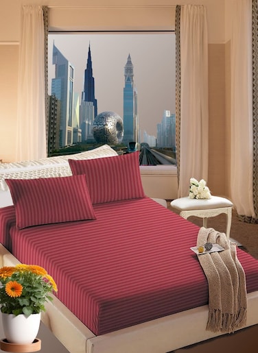 Maroon Cotton King Striped Fitted Elastic Pack of 3 Bedsheet 200x200+25cm