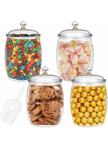 4 Pcs Plastic Candy Jars Cookie Jars with Airtight Lids, 76 Oz Food Organization Canisters for Kitchen, Clear Decorative Apothecary for Cookie, Candy, Sugar, Coffee, Nuts (4 Jars 76Oz+1 Scoops)