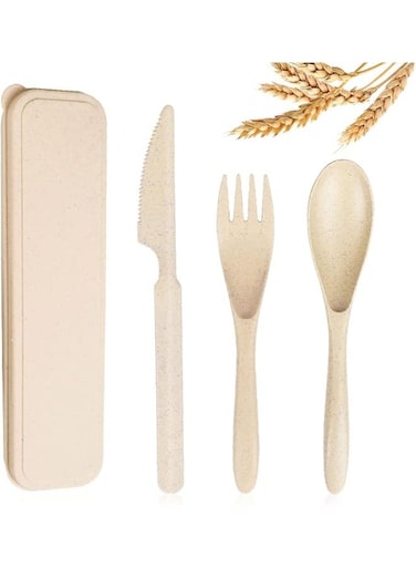 Travel Utensils Set with Case, Wheat Straw Portable Knife Fork Spoons Tableware, Eco-Friendly BPA Free Cutlery for Kids and Adults as Travel Picnic Camping Utensils ( Beige )