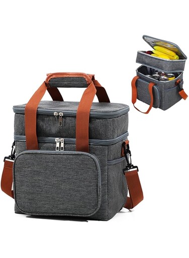 VAODO Lunch Bag, Double Deck Insulated Cooler Lunch Box, Waterproof and Leak-Proof, with Detachable Shoulder Strap, for Office and Picnic, Gray