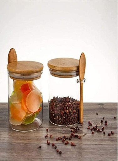 Glass Jar Containers With Bamboo Airtight Lid -2 Pieces (600Ml)
