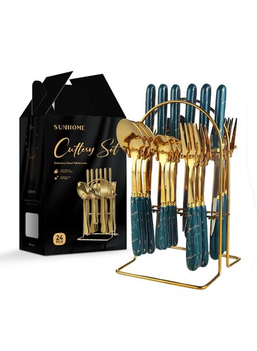 24-Piece Stainless Steel Cutlery Set Kitchen Utensil Set Western Tableware Suitable For Home Kitchen Restaurant Hotel Party Dining Picnic Dining Exquisite Packaging Gift Green/Gold