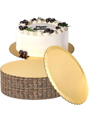 Fit Meal Prep [20 Pack] 10 Inches Round Cake Boards - Cardboard Disposable Cake Pizza Circle Scalloped Gold Tart Decorating Base Stand