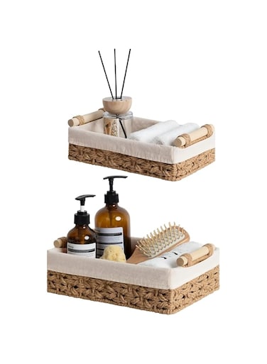 2 Pack Bathroom Baskets for Organizing, Small Wicker Basket for Bathroom Organizer, Round Paper Rope Storage Basket for Bathroom Countertop