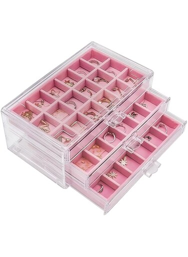 Nwvuop Acrylic Jewelry Box for Women with 3 Drawers Adjustable Jewelry Organiser Box for Rings Earrings Necklace Stackable Jewelry Tray Earrings Storage Box Makeup Cosmetic Storage Case Pink