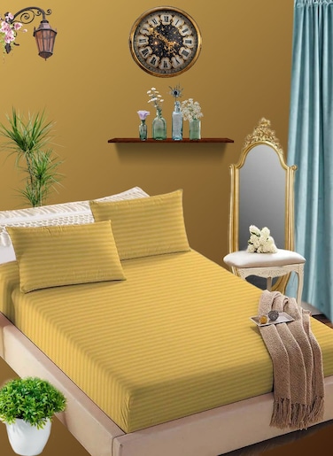 Golden Cotton Double Striped Fitted Elastic Bedsheet 150x200+35cm