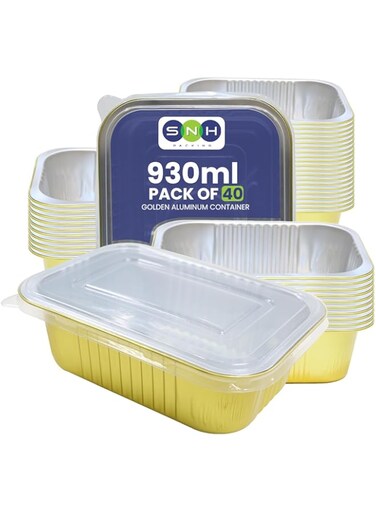 SNH Packing 40 Pcs Disposable Aluminum Foil Container with Lids Gold Large Aluminum Foil Baking Pans Tray - Heavy Duty Tin Tray Food Containers for Storing, Baking &amp; Cooking 930 Cc/ml (Pack of 40)