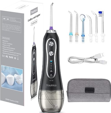 Oral Irrigator Portable Rechargeable Dental Flossers with 5 Modes &amp; 6 Tips with 300ml Water Tank for Home and Travel (Black)
