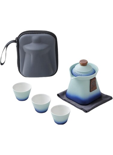 Portable Ceramic Tea Set with Gradient Teapot (280ml) &amp; 3 Cups (30ml) - Complete Travel Tea Kit with Insulated Carry Case, Perfect for Camping, Office, Gifts